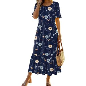 Zeagoo Womens Summer Dresses 2026 Casual Midi Dress Flowy Sundress Ruffle Short Sleeve Tiered Dresses A Line Boho Dress(A-navy Floral 01)