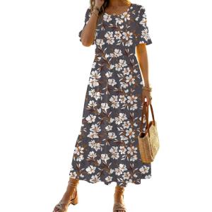 Zeagoo Womens Summer Dresses 2026 Casual Midi Dress Flowy Sundress Ruffle Short Sleeve Tiered Dresses A Line Boho Dress(Grey Flower)