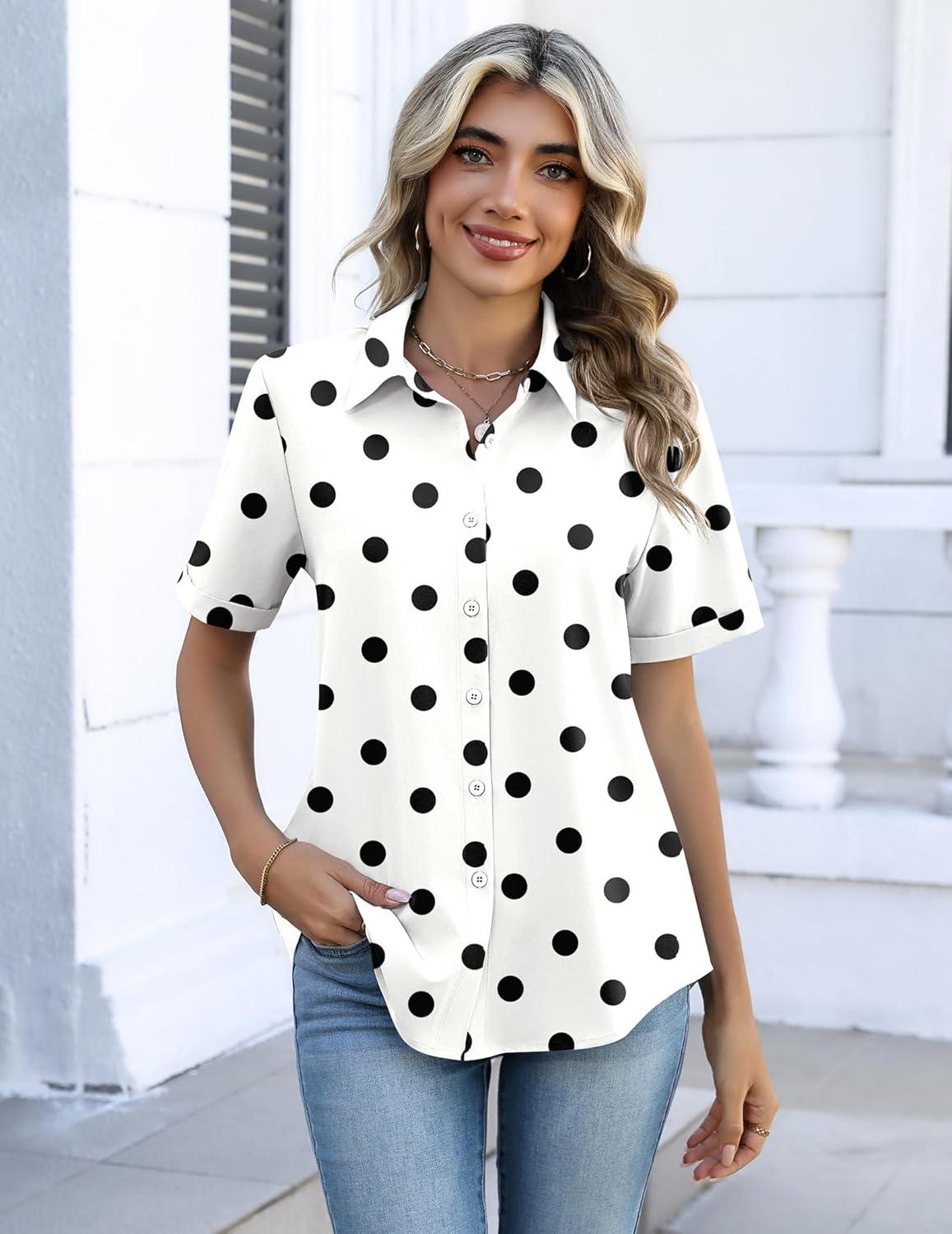 imageZeagoo Button Down Shirts for Women Short Sleeve Collared Tops Dressy Casual V Neck BlousesJh592 Polka Dots