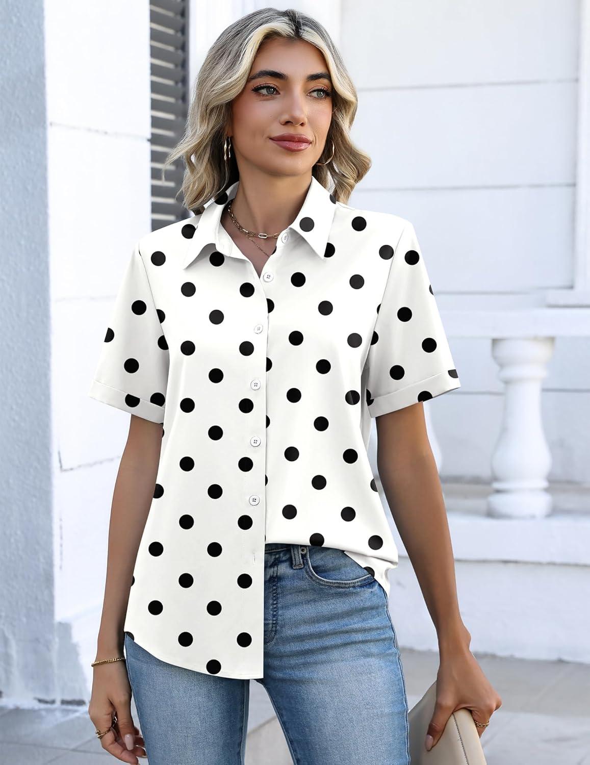 imageZeagoo Button Down Shirts for Women Short Sleeve Collared Tops Dressy Casual V Neck BlousesJh592 Polka Dots