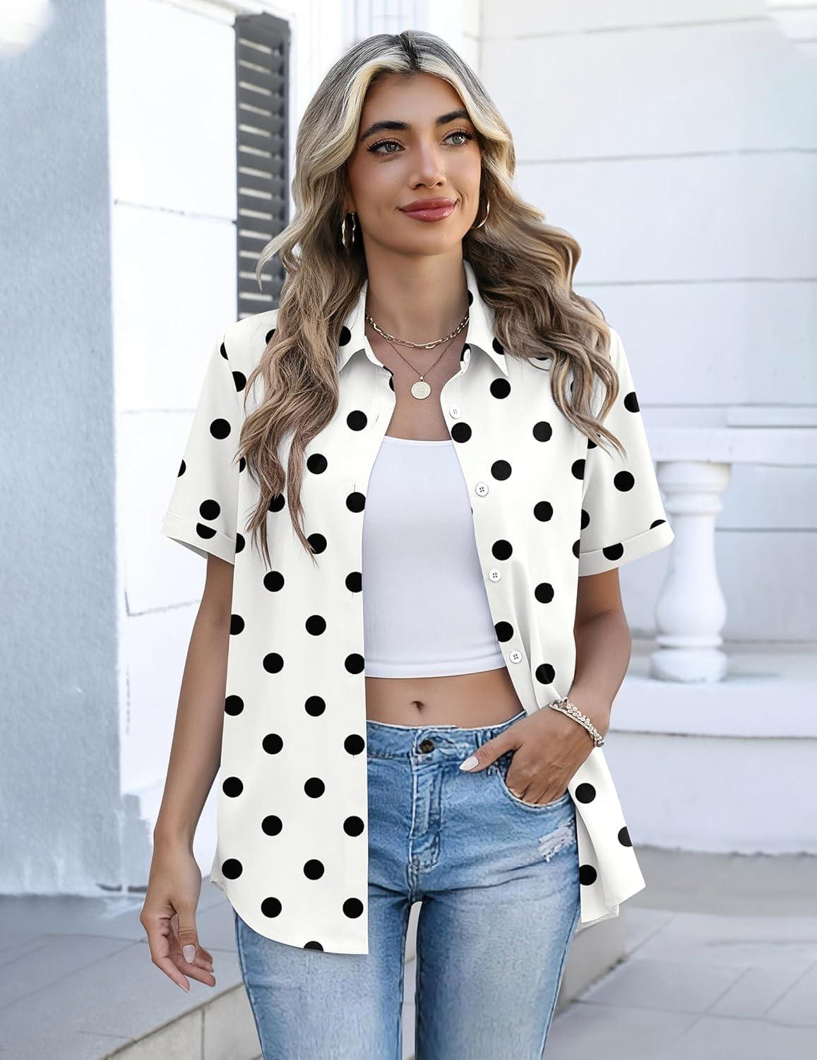 imageZeagoo Button Down Shirts for Women Short Sleeve Collared Tops Dressy Casual V Neck BlousesJh592 Polka Dots