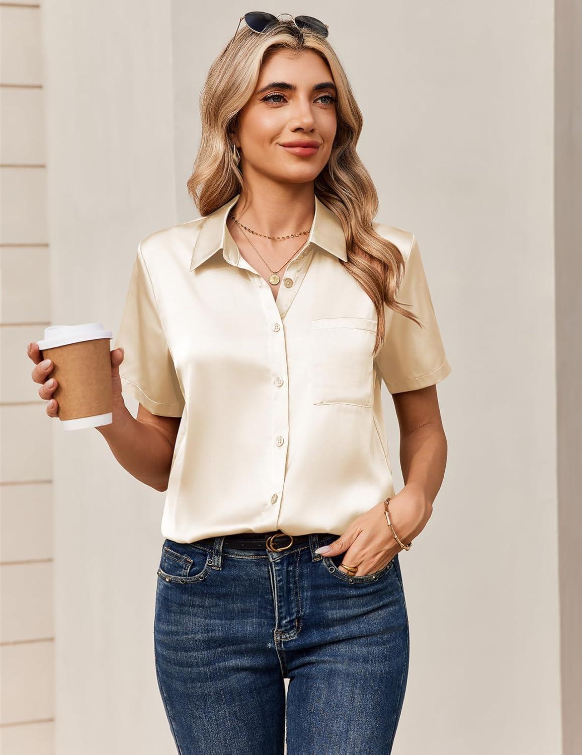 imageZeagoo Satin Blouses for Women Silk Button Down Shirts Short Sleeve Business Casual TopsBeige