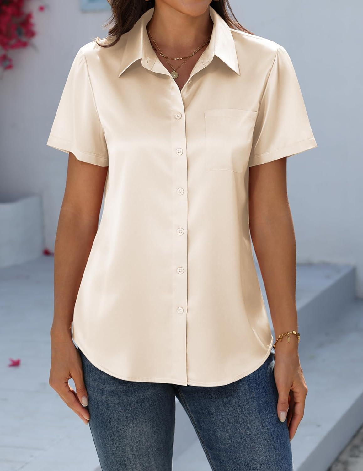 imageZeagoo Satin Blouses for Women Silk Button Down Shirts Short Sleeve Business Casual TopsBeige
