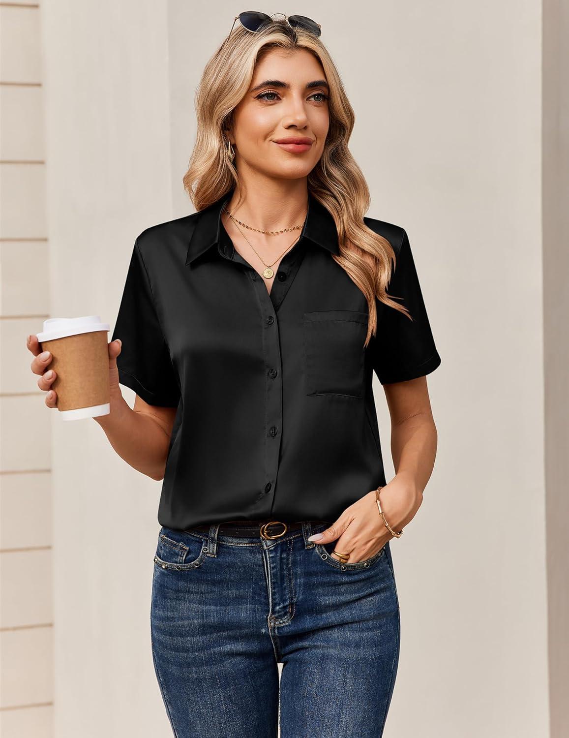 imageZeagoo Satin Blouses for Women Silk Button Down Shirts Short Sleeve Business Casual TopsBlack