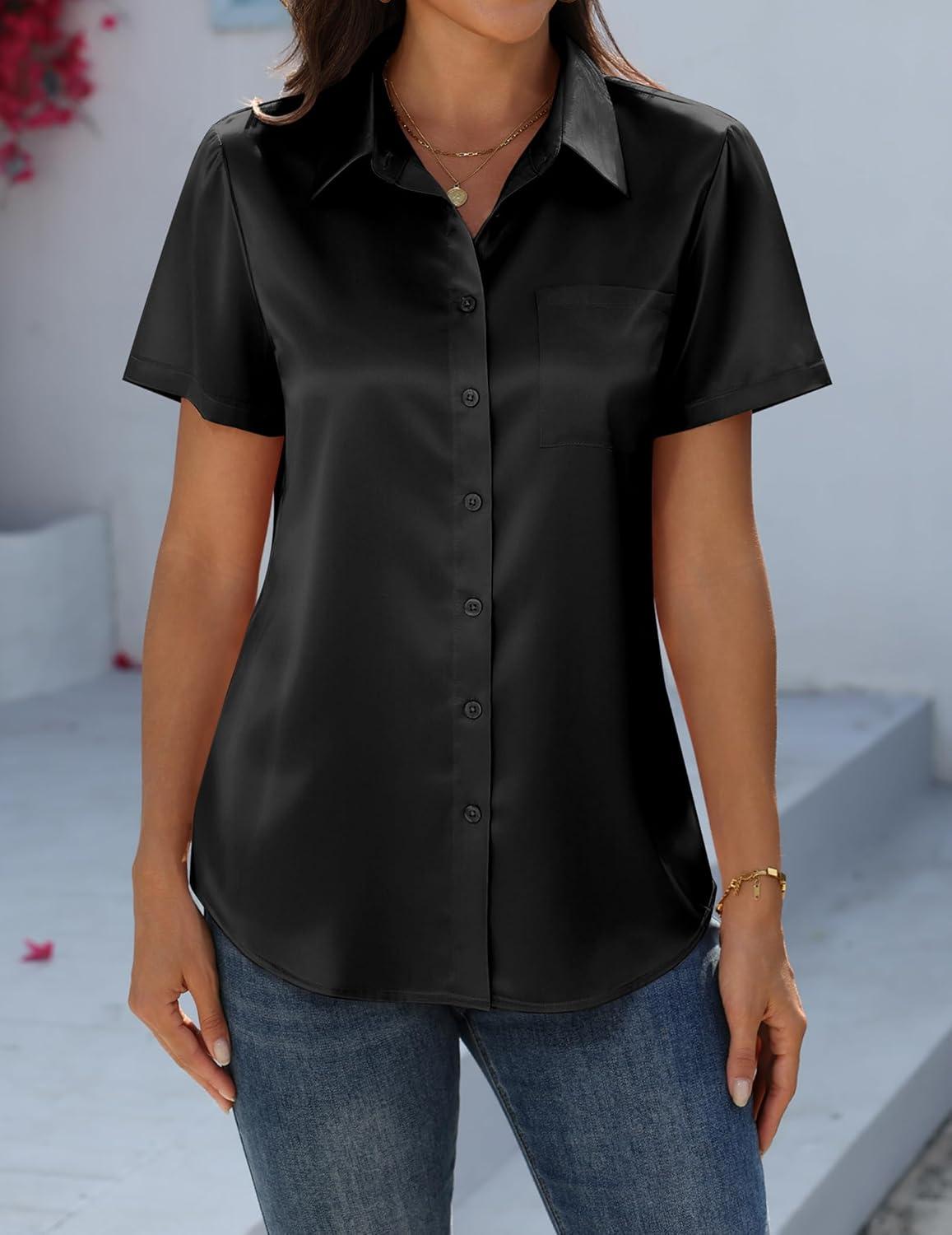 imageZeagoo Satin Blouses for Women Silk Button Down Shirts Short Sleeve Business Casual TopsBlack