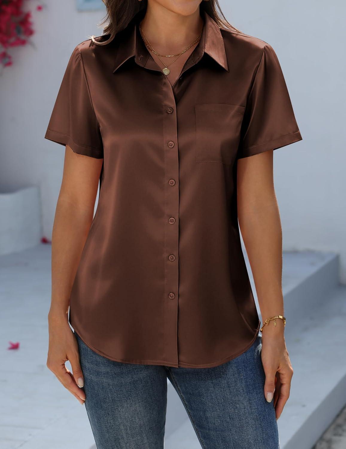 imageZeagoo Satin Blouses for Women Silk Button Down Shirts Short Sleeve Business Casual TopsBrown
