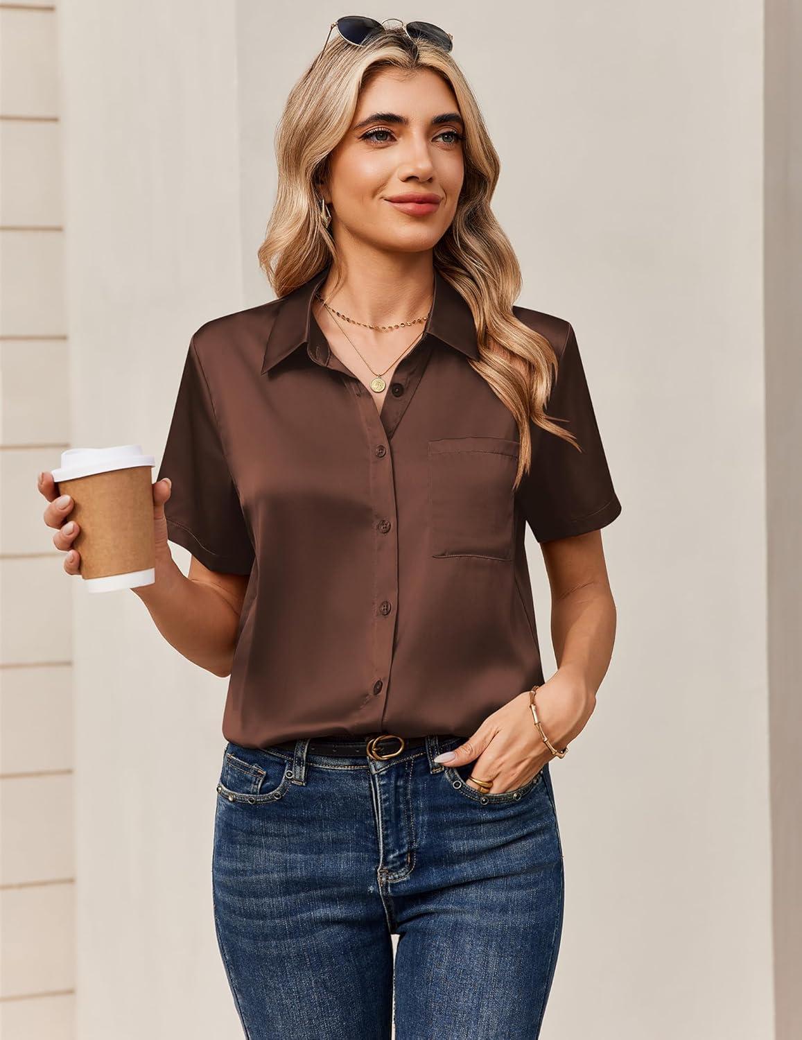 imageZeagoo Satin Blouses for Women Silk Button Down Shirts Short Sleeve Business Casual TopsBrown