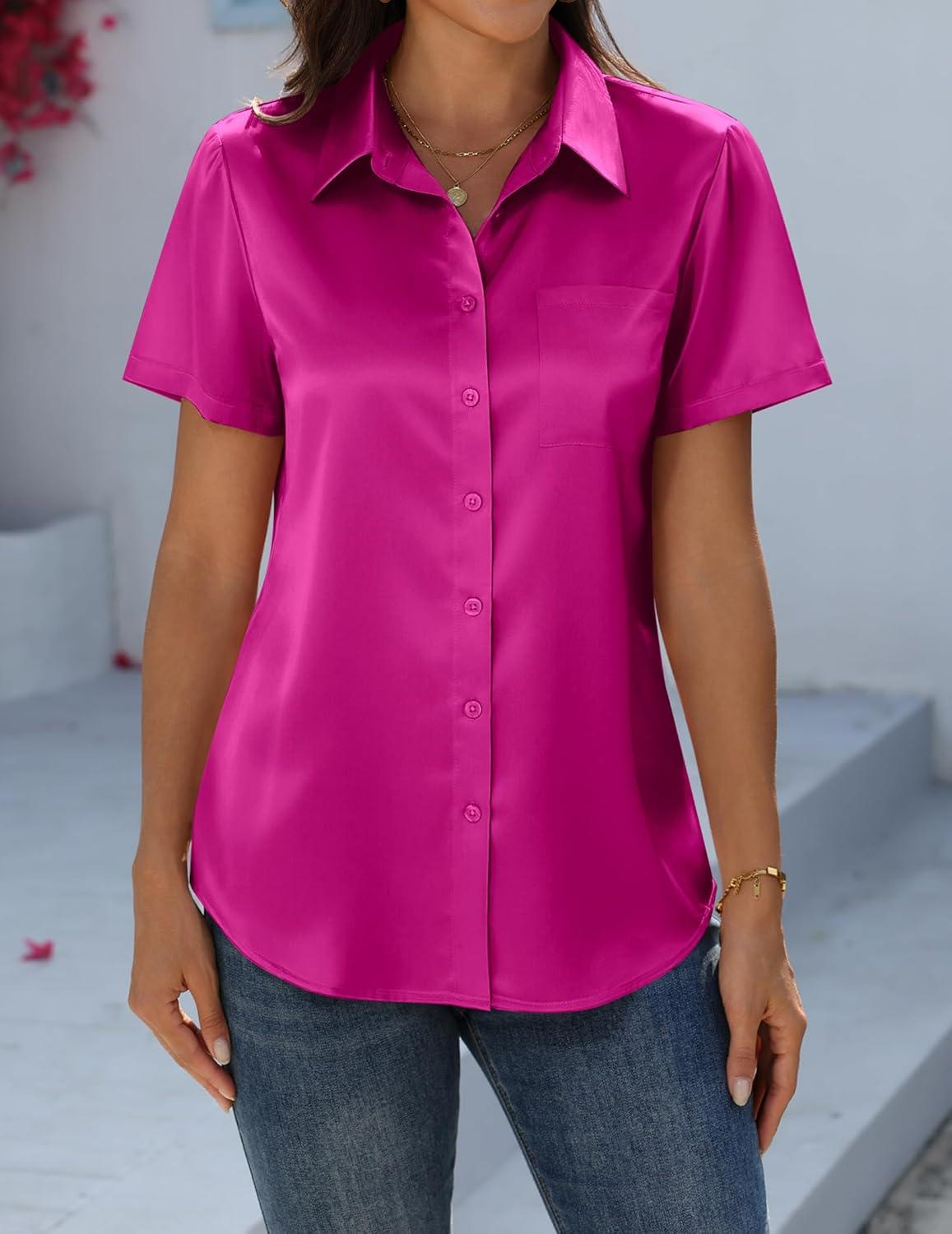 imageZeagoo Satin Blouses for Women Silk Button Down Shirts Short Sleeve Business Casual TopsHot Pink