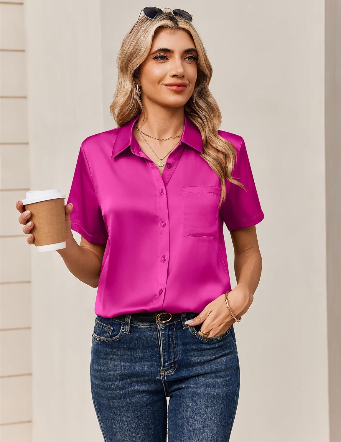 imageZeagoo Satin Blouses for Women Silk Button Down Shirts Short Sleeve Business Casual TopsHot Pink