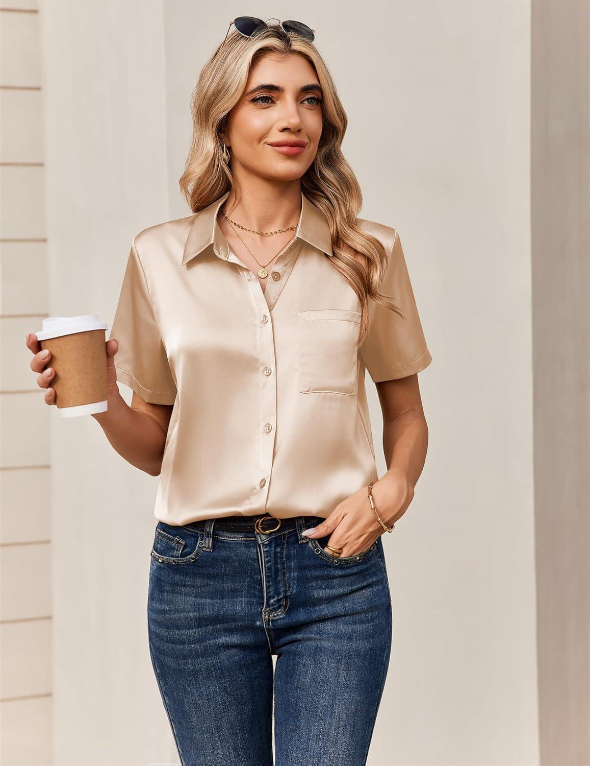 imageZeagoo Satin Blouses for Women Silk Button Down Shirts Short Sleeve Business Casual TopsLight Tan