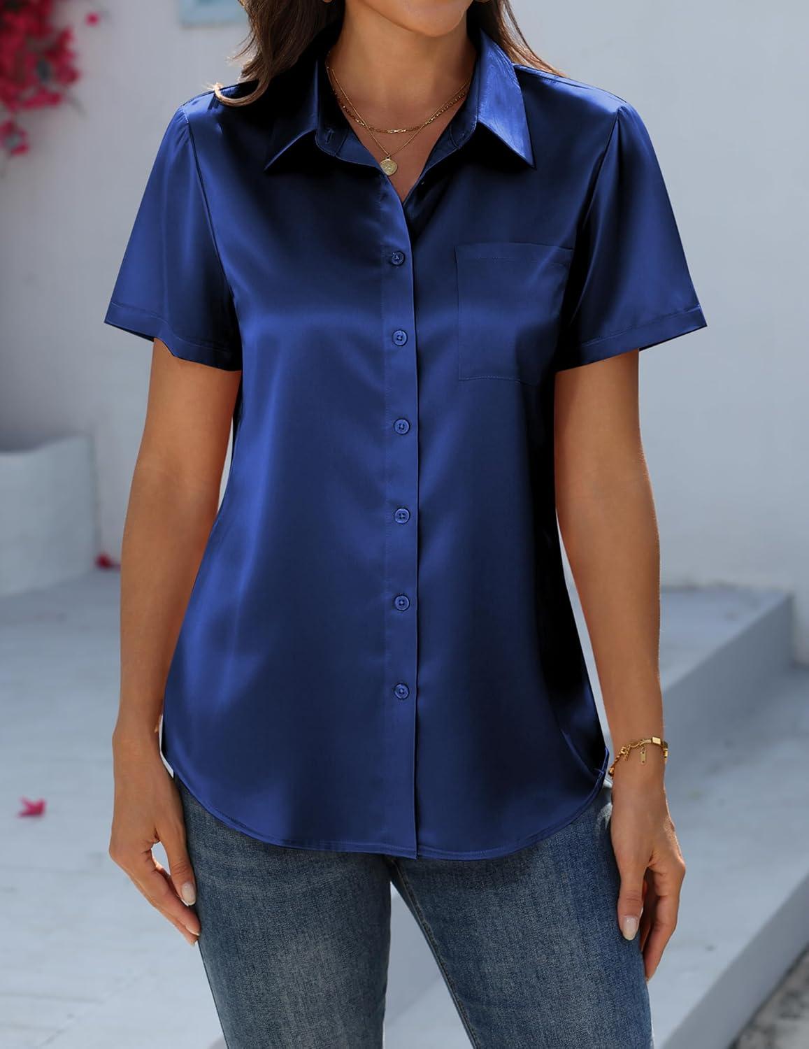 imageZeagoo Satin Blouses for Women Silk Button Down Shirts Short Sleeve Business Casual TopsNavy