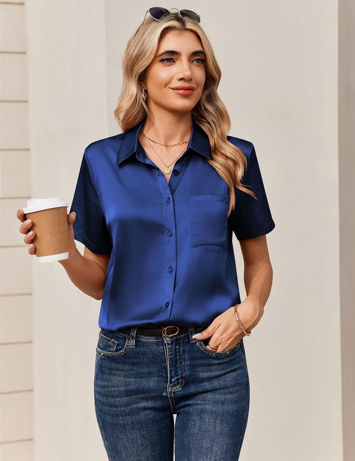 imageZeagoo Satin Blouses for Women Silk Button Down Shirts Short Sleeve Business Casual TopsNavy
