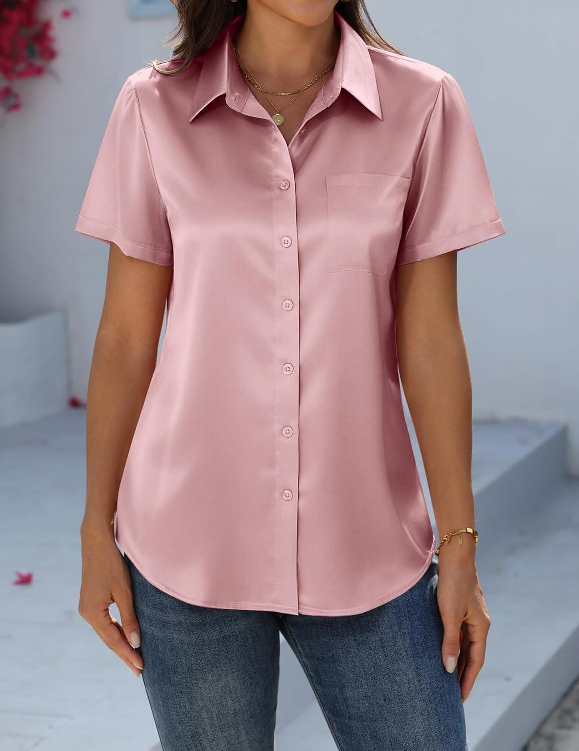 imageZeagoo Satin Blouses for Women Silk Button Down Shirts Short Sleeve Business Casual TopsPink