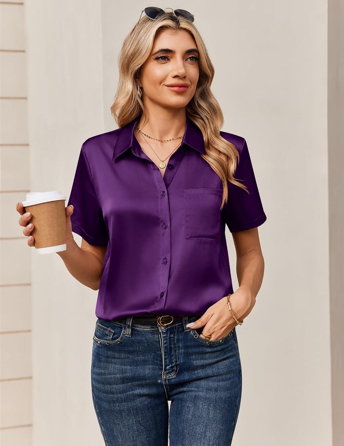 imageZeagoo Satin Blouses for Women Silk Button Down Shirts Short Sleeve Business Casual TopsPurple