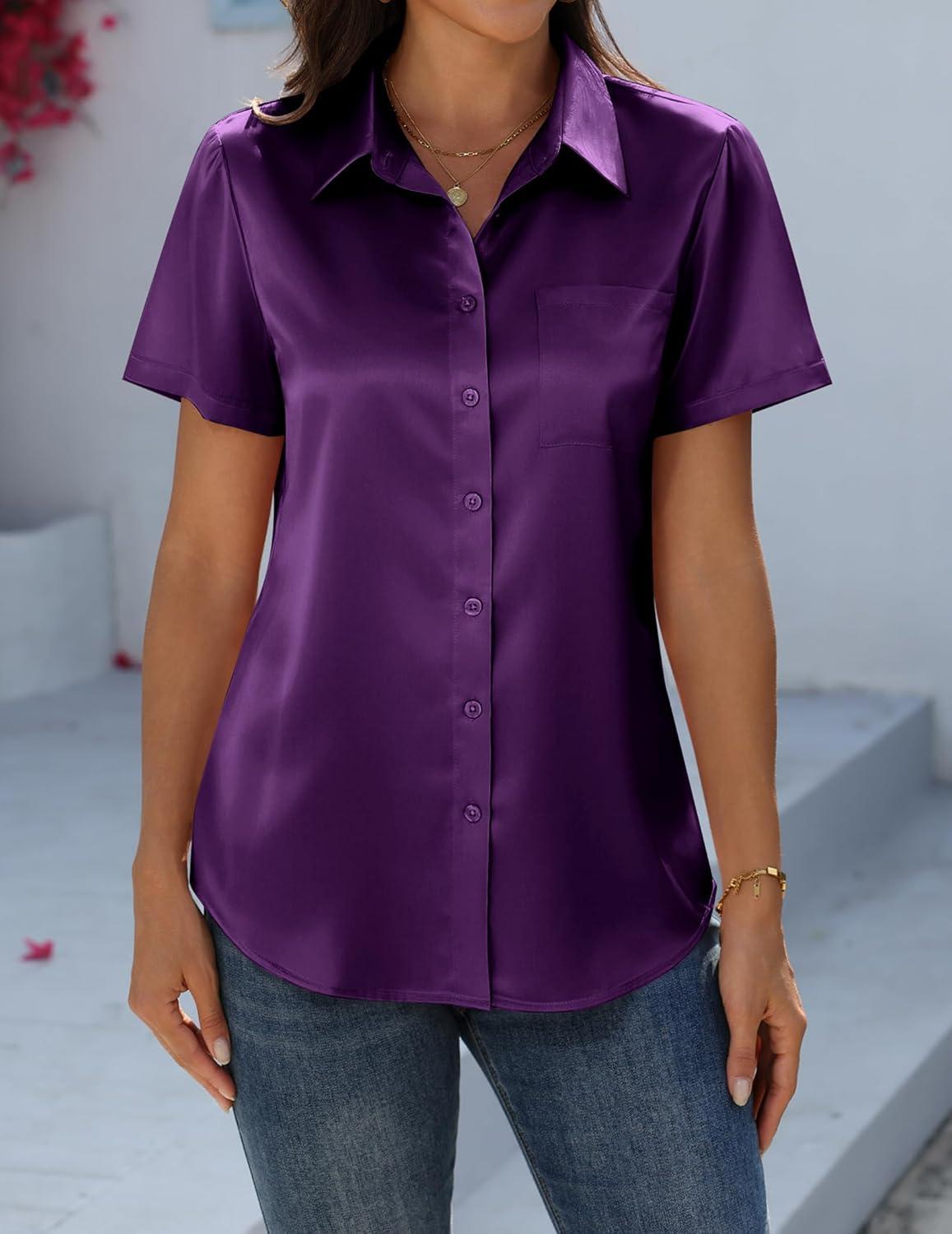 imageZeagoo Satin Blouses for Women Silk Button Down Shirts Short Sleeve Business Casual TopsPurple