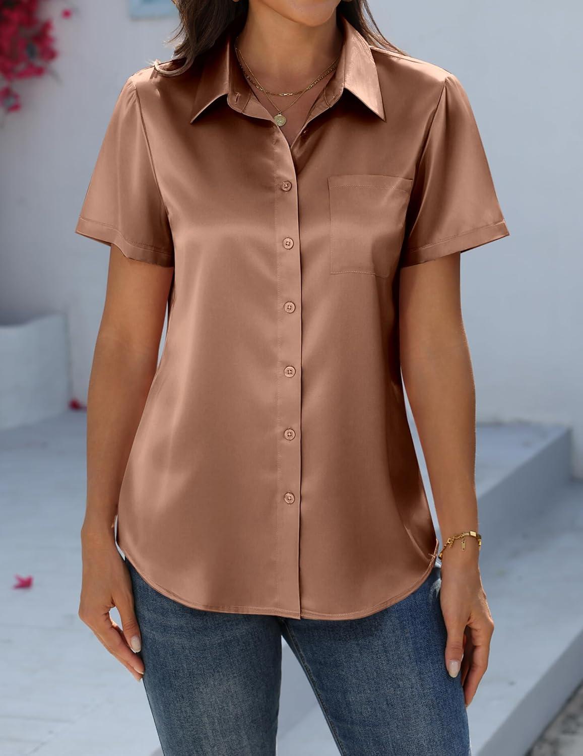 imageZeagoo Satin Blouses for Women Silk Button Down Shirts Short Sleeve Business Casual TopsToffee