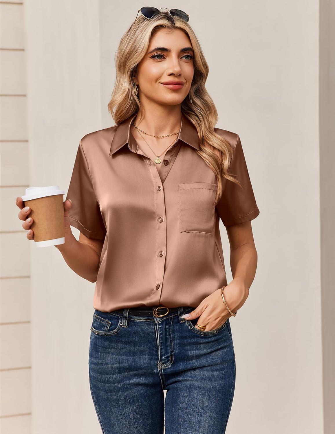 imageZeagoo Satin Blouses for Women Silk Button Down Shirts Short Sleeve Business Casual TopsToffee