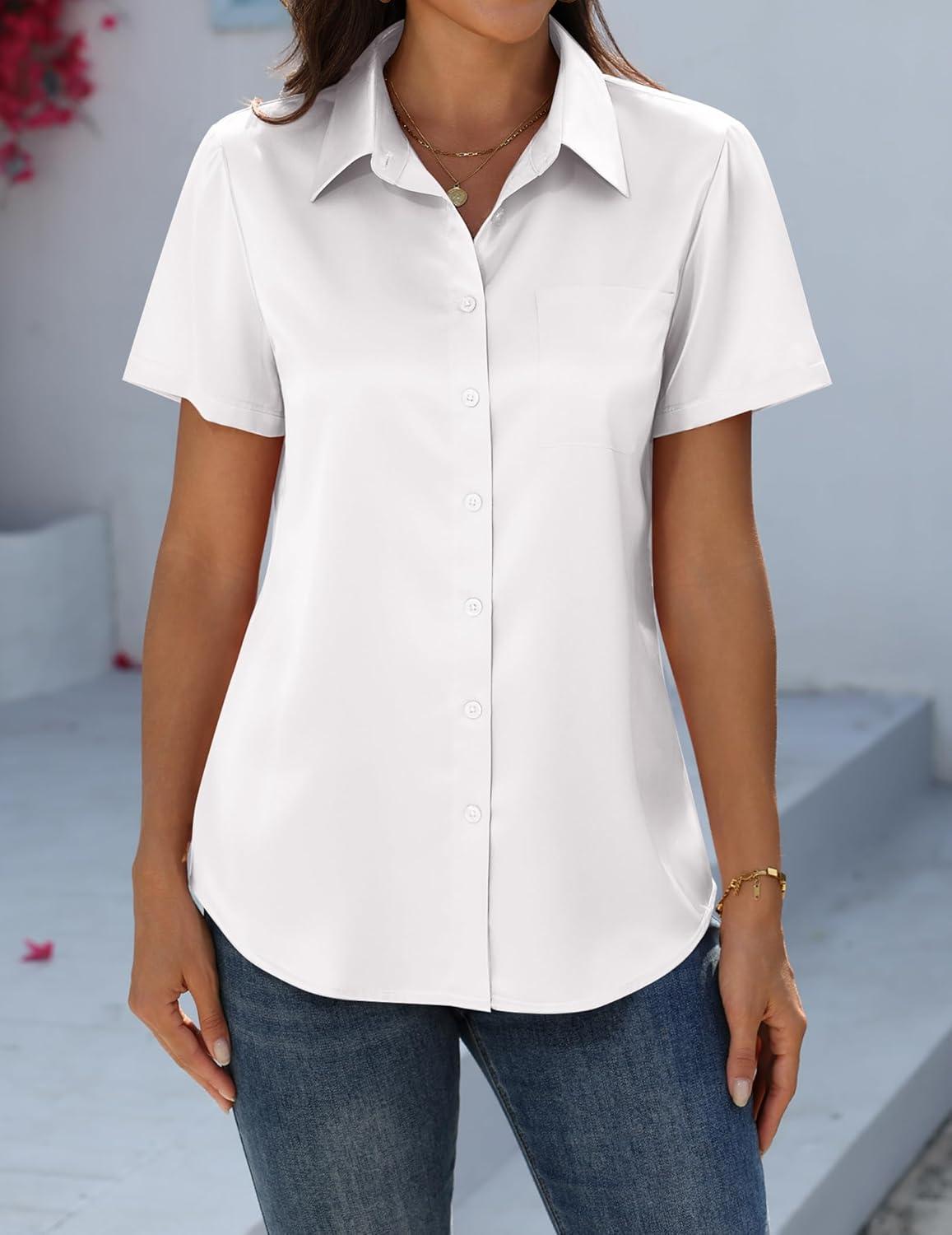 imageZeagoo Satin Blouses for Women Silk Button Down Shirts Short Sleeve Business Casual TopsWhite