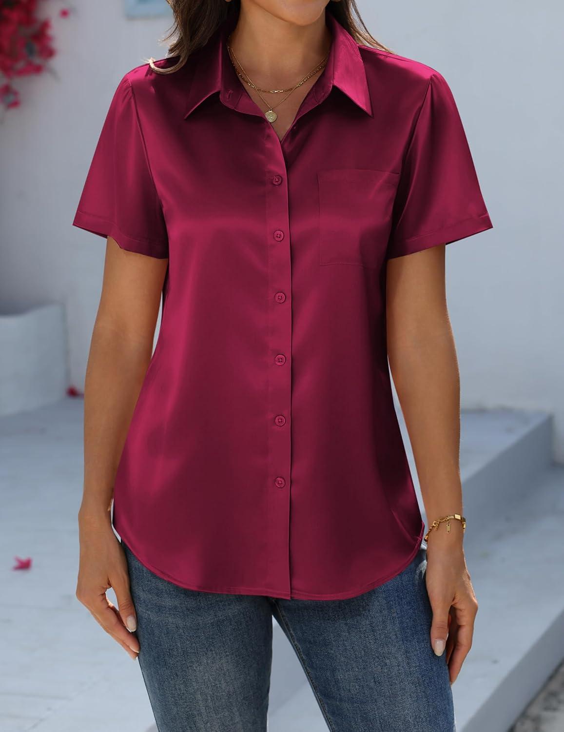 imageZeagoo Satin Blouses for Women Silk Button Down Shirts Short Sleeve Business Casual TopsWine Red