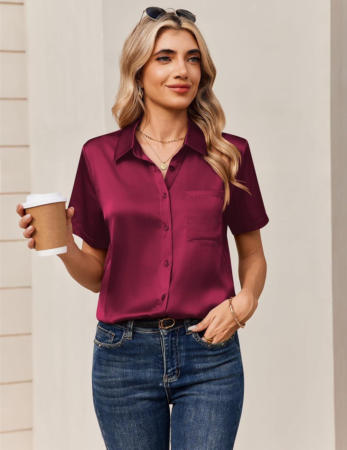 imageZeagoo Satin Blouses for Women Silk Button Down Shirts Short Sleeve Business Casual TopsWine Red