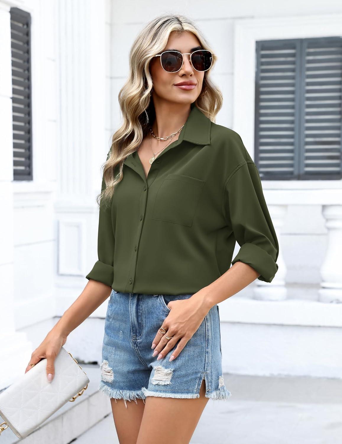 imageZeagoo Womens Button Down Shirts Oversized Long Sleeve Floral Printed Blouses Casual Work Tops Drop Shoulder Outfit ClothesBarmy Green