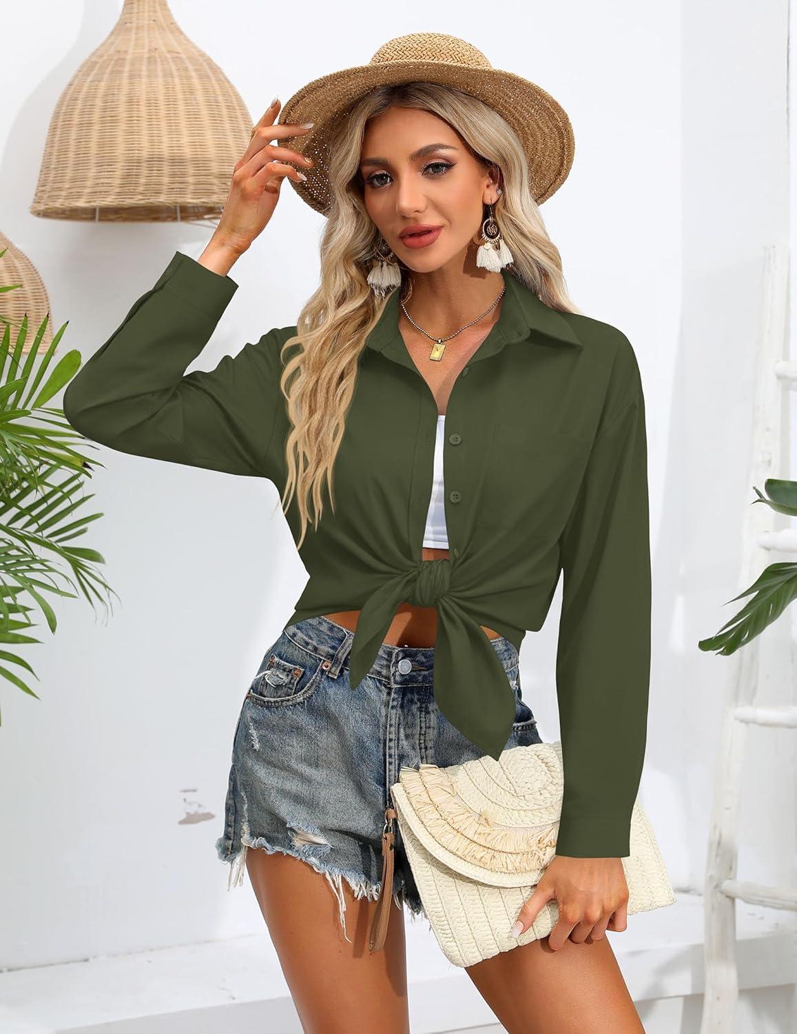 imageZeagoo Womens Button Down Shirts Oversized Long Sleeve Floral Printed Blouses Casual Work Tops Drop Shoulder Outfit ClothesBarmy Green