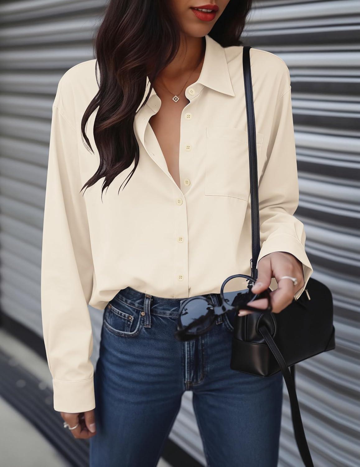 imageZeagoo Womens Button Down Shirts Oversized Long Sleeve Floral Printed Blouses Casual Work Tops Drop Shoulder Outfit ClothesBbeige