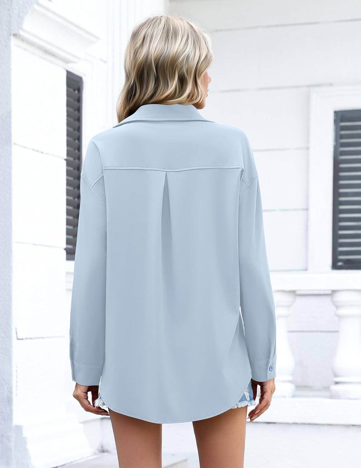 imageZeagoo Womens Button Down Shirts Oversized Long Sleeve Floral Printed Blouses Casual Work Tops Drop Shoulder Outfit ClothesBblue