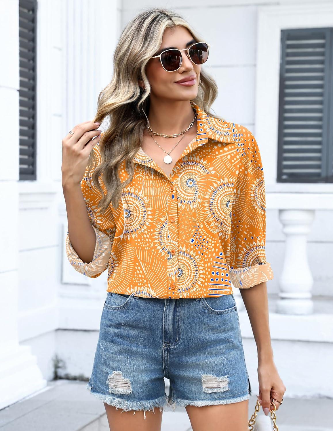 imageZeagoo Womens Button Down Shirts Oversized Long Sleeve Floral Printed Blouses Casual Work Tops Drop Shoulder Outfit ClothesCx294