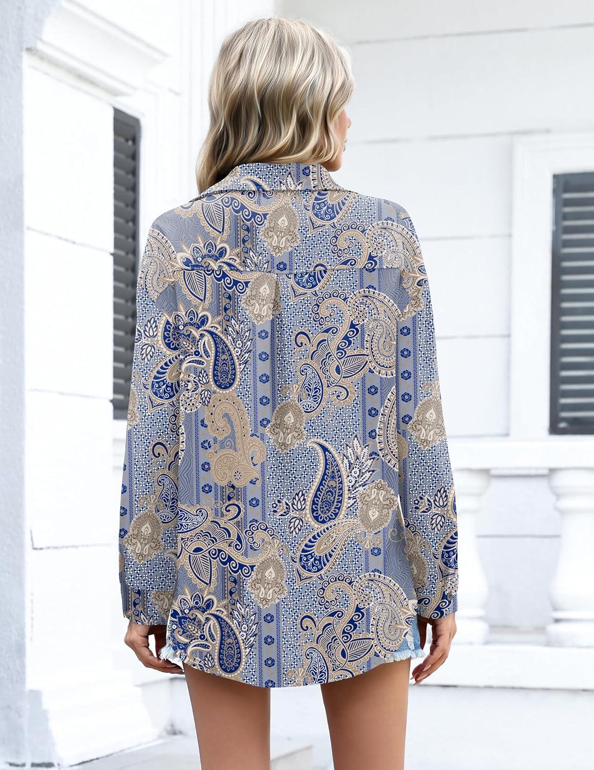 imageZeagoo Womens Button Down Shirts Oversized Long Sleeve Floral Printed Blouses Casual Work Tops Drop Shoulder Outfit ClothesMz919
