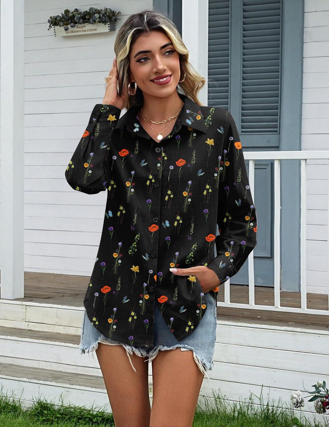 imageZeagoo Womens Cotton Linen Button Down Shirts Loose Fit Long Sleeve Collared Blouse Casual V Neck Tops Outfits S3XLWf100