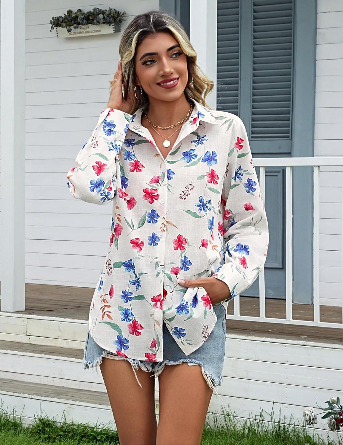 imageZeagoo Womens Cotton Linen Button Down Shirts Loose Fit Long Sleeve Collared Blouse Casual V Neck Tops Outfits S3XLWf101