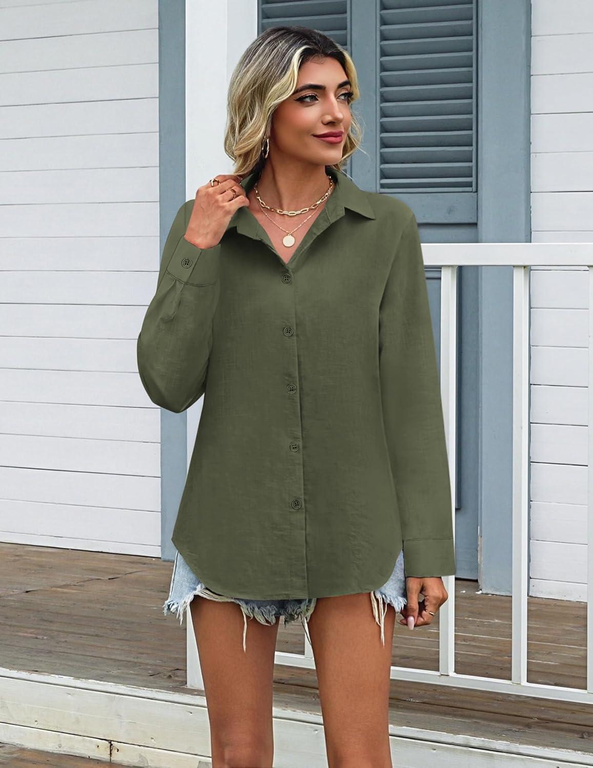 imageZeagoo Womens Cotton Linen Button Down Shirts Loose Fit Long Sleeve Collared Blouse Casual V Neck Tops Outfits S3XLZarmy Green