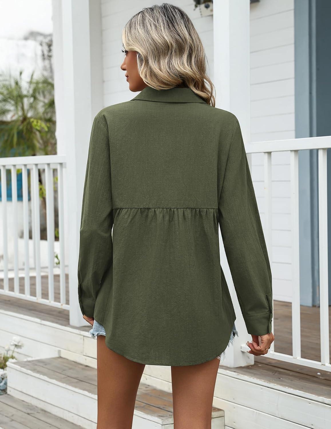 imageZeagoo Womens Cotton Linen Button Down Shirts Loose Fit Long Sleeve Collared Blouse Casual V Neck Tops Outfits S3XLZarmy Green