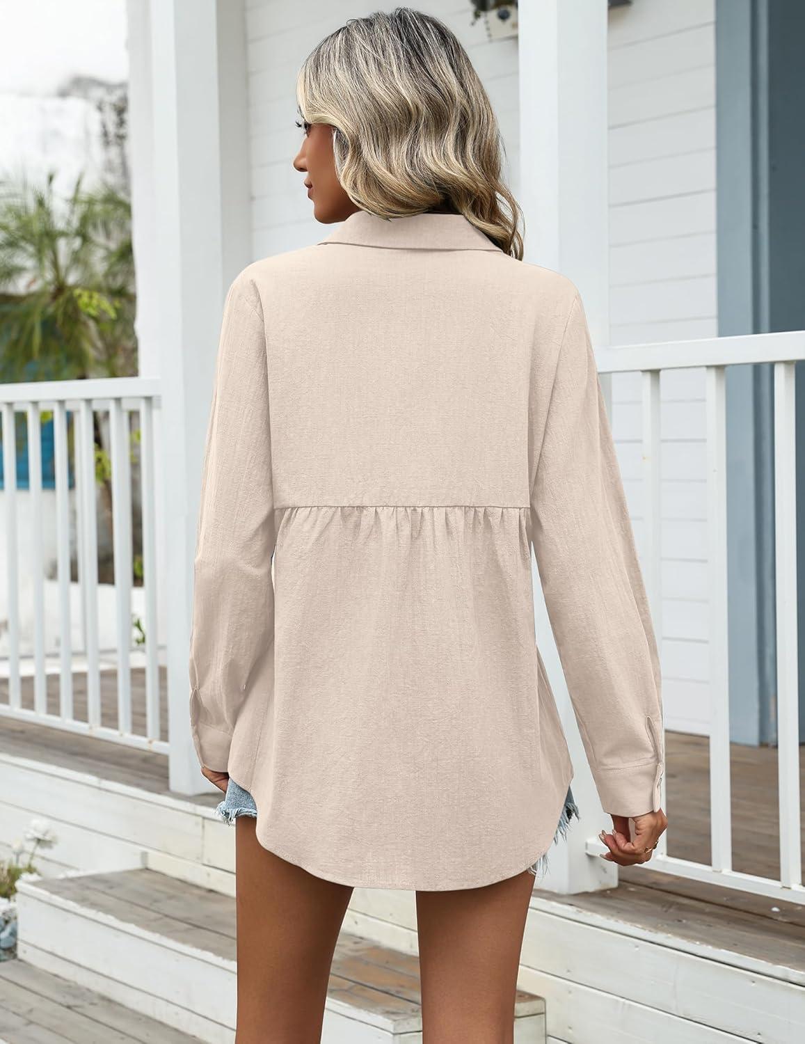 imageZeagoo Womens Cotton Linen Button Down Shirts Loose Fit Long Sleeve Collared Blouse Casual V Neck Tops Outfits S3XLZchampagne