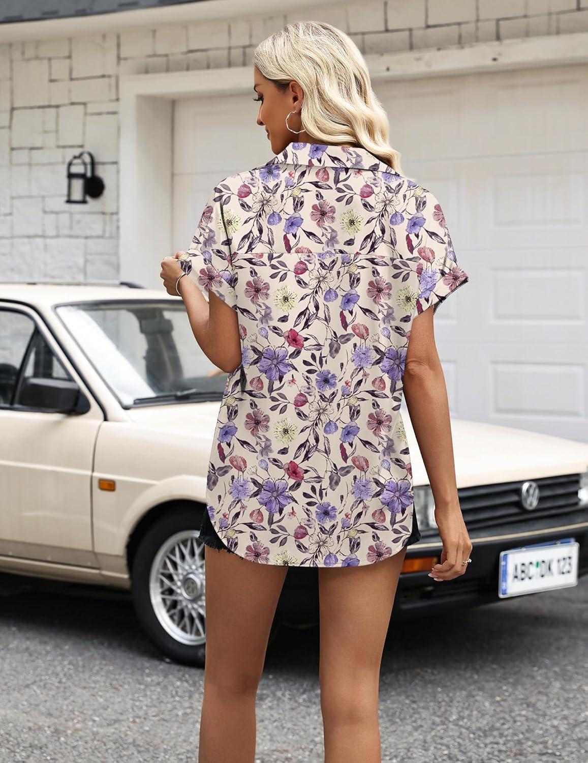 imageZeagoo Womens Satin Blouse Short Sleeve Silk Tops Button Down Shirts Business Casual OutfitsFlorala