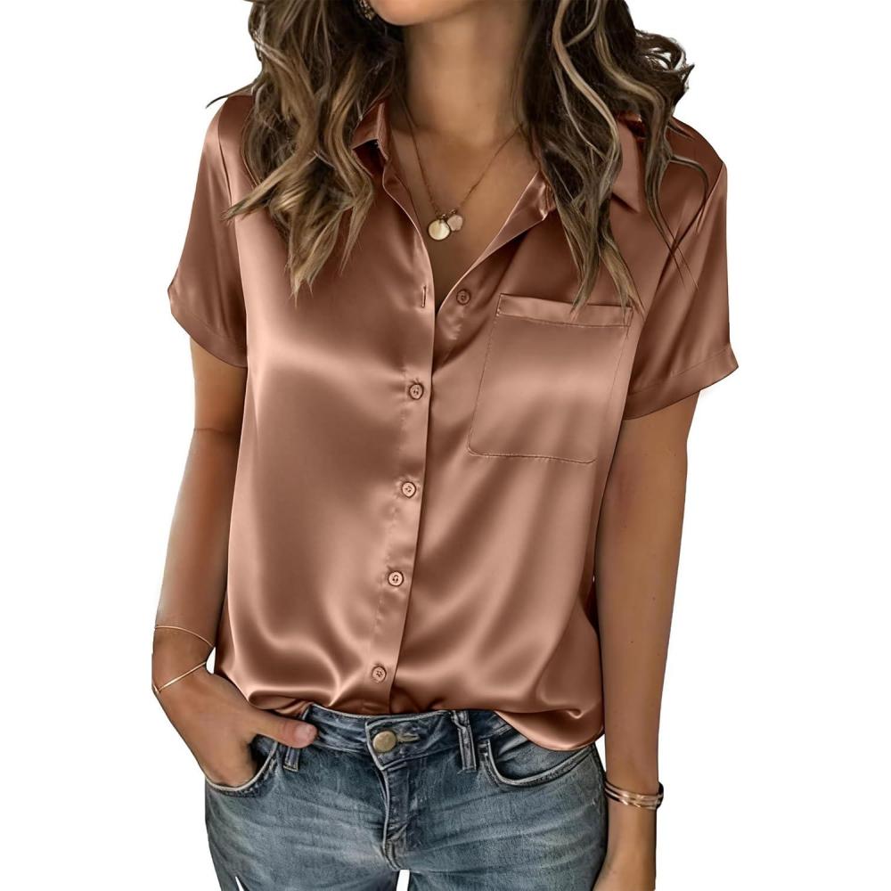 imageZeagoo Satin Blouses for Women Silk Button Down Shirts Short Sleeve Business Casual TopsToffee