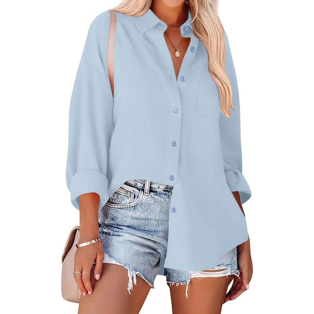imageZeagoo Womens Button Down Shirts Oversized Long Sleeve Floral Printed Blouses Casual Work Tops Drop Shoulder Outfit ClothesBblue