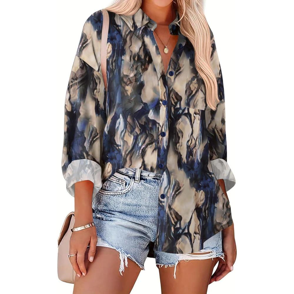 imageZeagoo Womens Button Down Shirts Oversized Long Sleeve Floral Printed Blouses Casual Work Tops Drop Shoulder Outfit ClothesBzr220