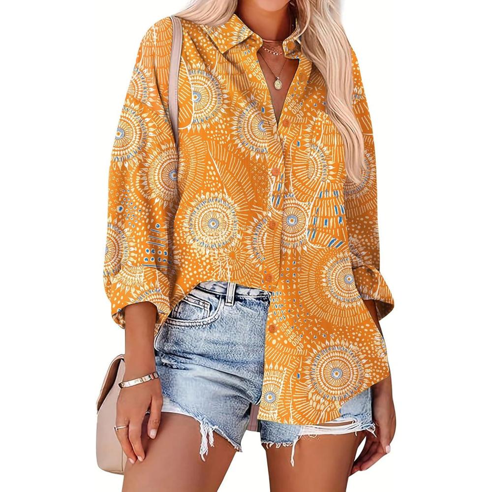 imageZeagoo Womens Button Down Shirts Oversized Long Sleeve Floral Printed Blouses Casual Work Tops Drop Shoulder Outfit ClothesCx294