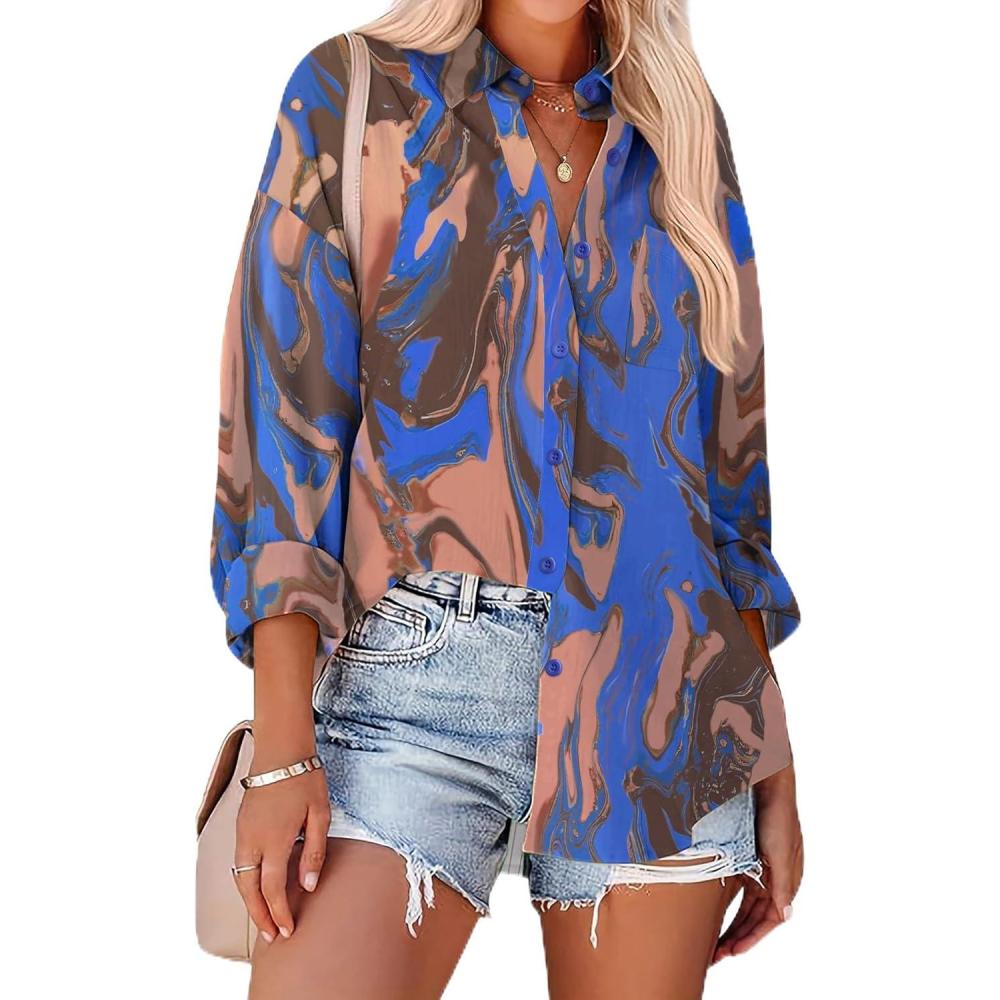 imageZeagoo Womens Button Down Shirts Oversized Long Sleeve Floral Printed Blouses Casual Work Tops Drop Shoulder Outfit ClothesCx346