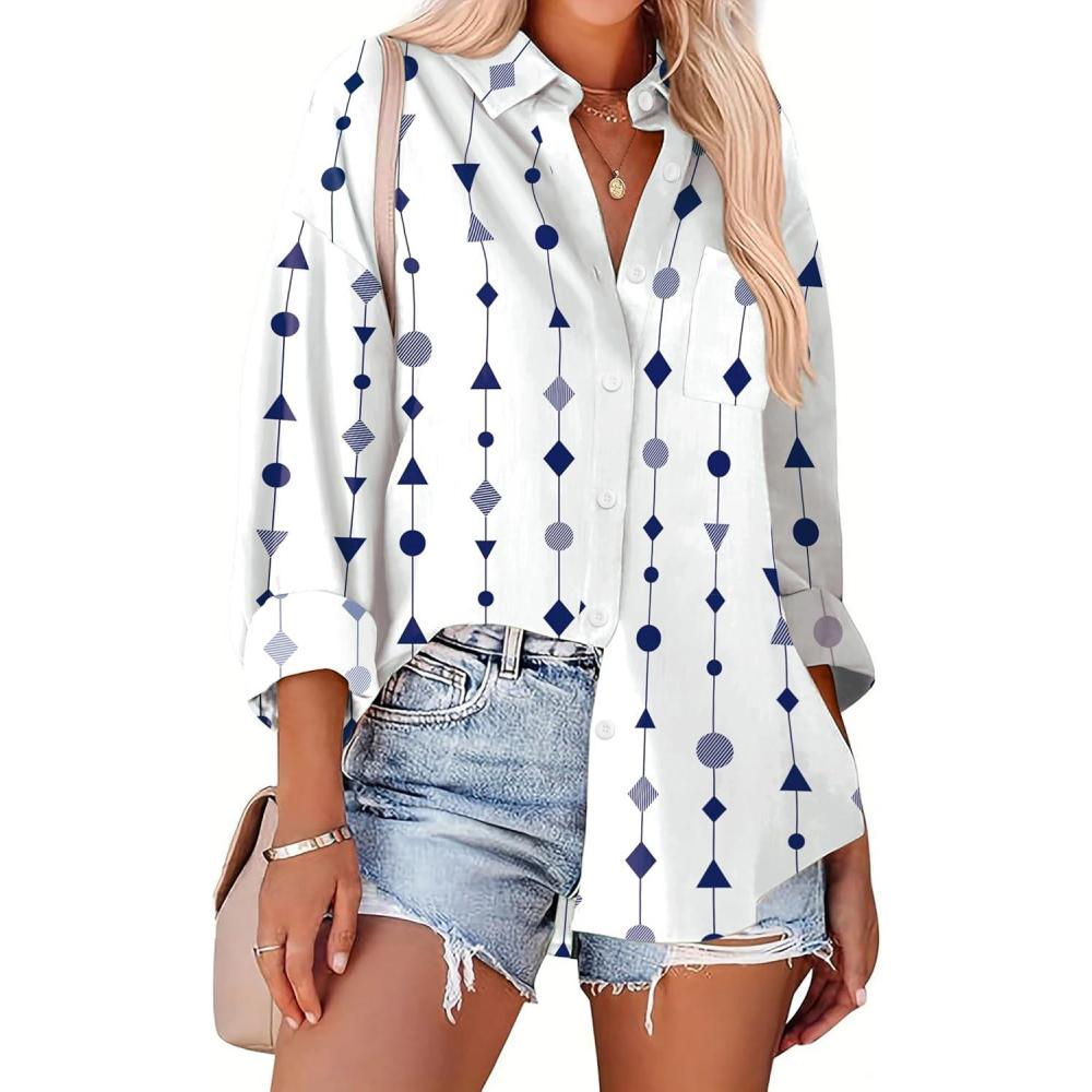 imageZeagoo Womens Button Down Shirts Oversized Long Sleeve Floral Printed Blouses Casual Work Tops Drop Shoulder Outfit ClothesJh599