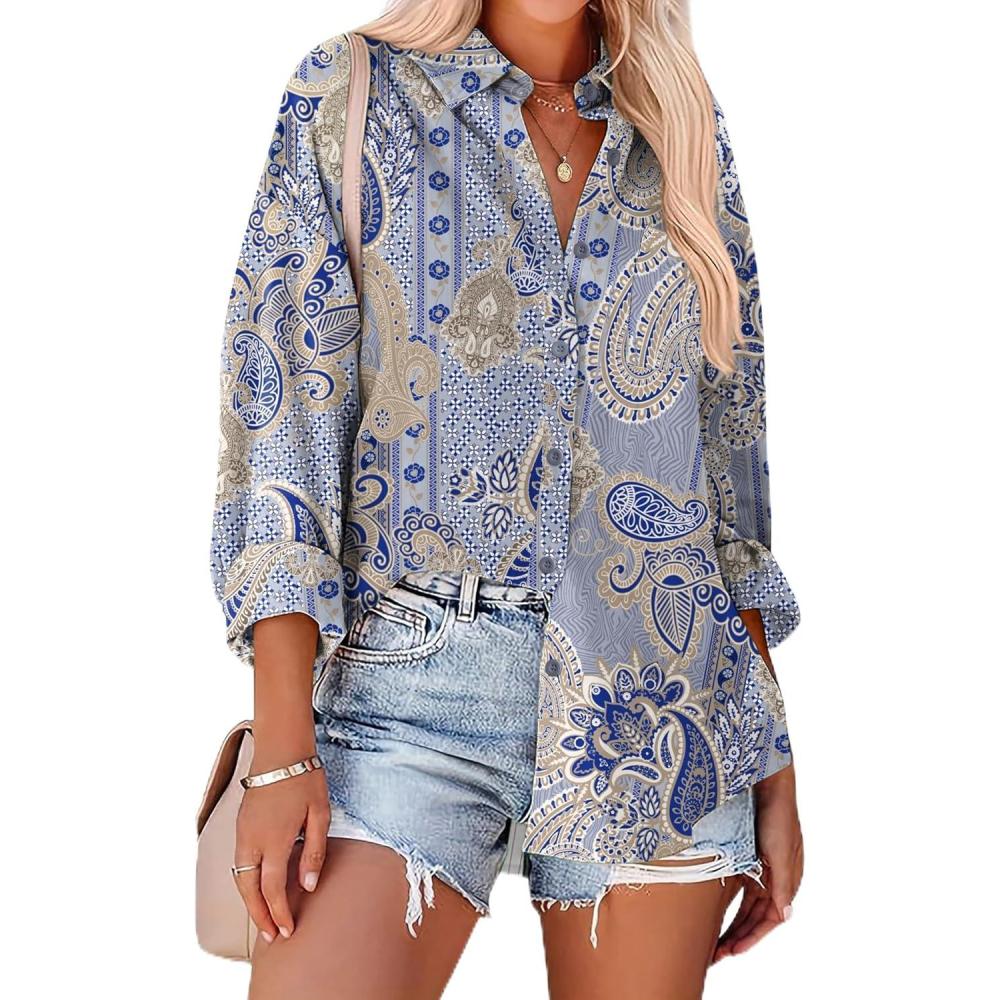 imageZeagoo Womens Button Down Shirts Oversized Long Sleeve Floral Printed Blouses Casual Work Tops Drop Shoulder Outfit ClothesMz919