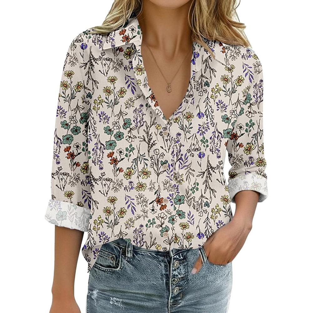 imageZeagoo Womens Cotton Linen Button Down Shirts Loose Fit Long Sleeve Collared Blouse Casual V Neck Tops Outfits S3XLXh397