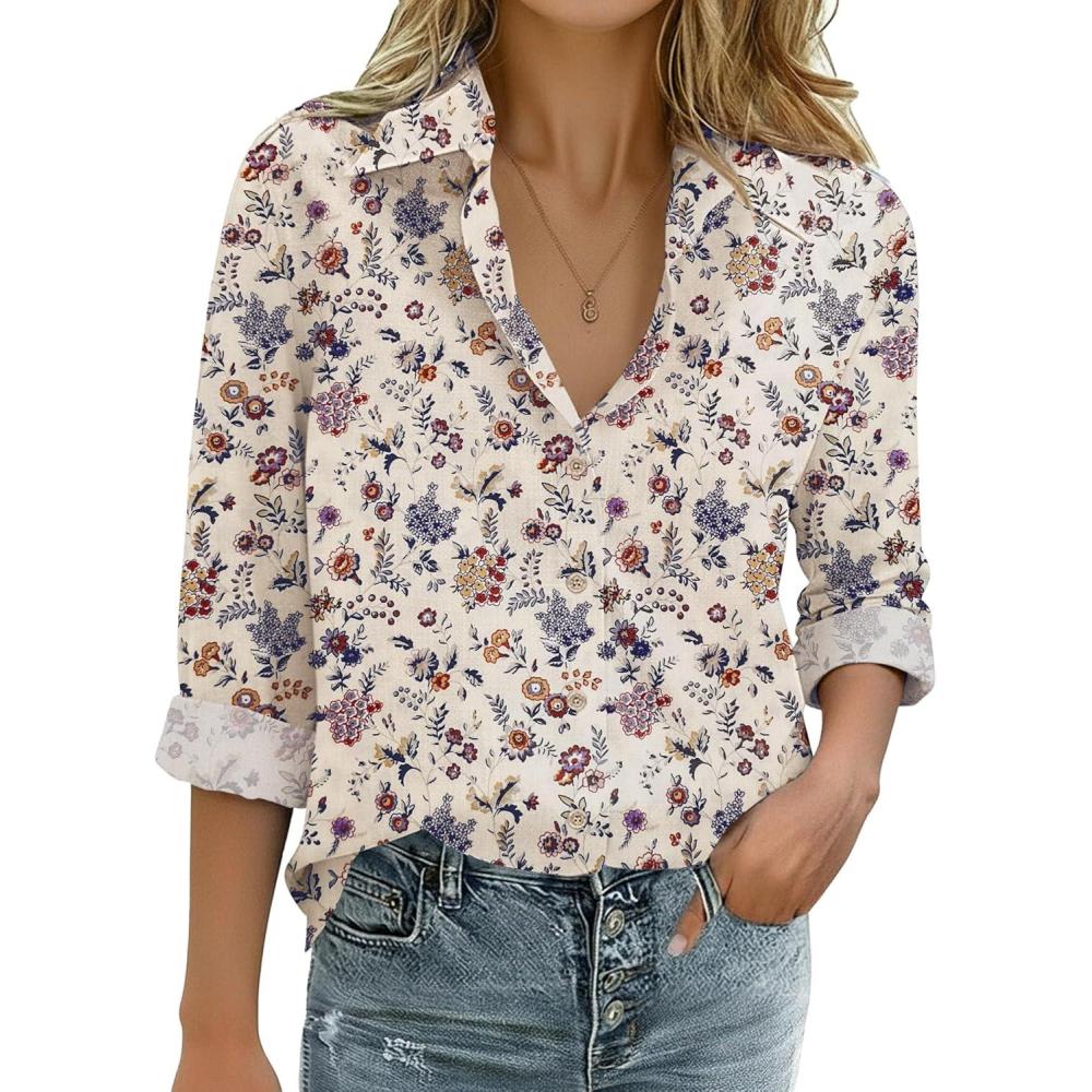 imageZeagoo Womens Cotton Linen Button Down Shirts Loose Fit Long Sleeve Collared Blouse Casual V Neck Tops Outfits S3XLXh51
