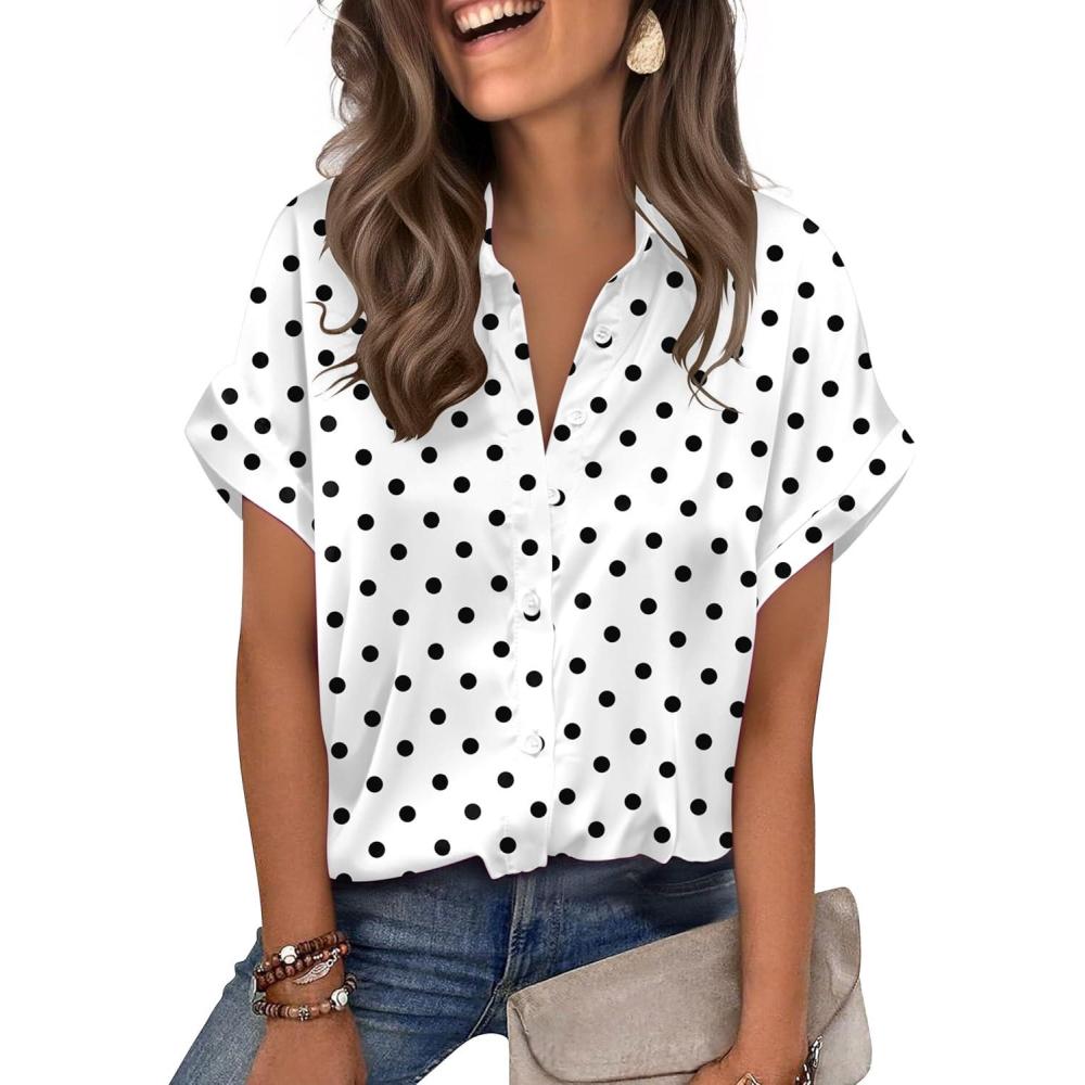 imageZeagoo Womens Satin Blouse Short Sleeve Silk Tops Button Down Shirts Business Casual OutfitsBlack Polka Dot