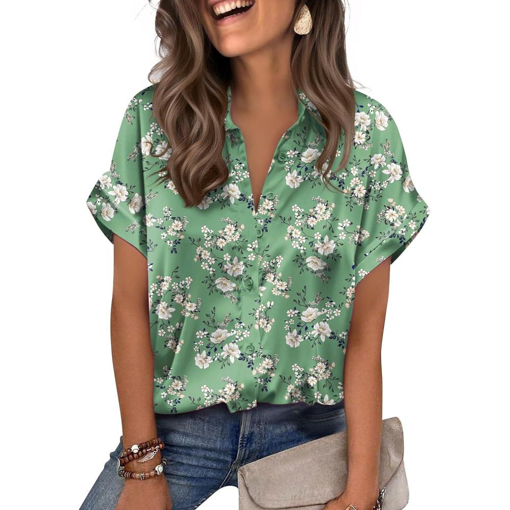 imageZeagoo Womens Satin Blouse Short Sleeve Silk Tops Button Down Shirts Business Casual OutfitsGreen Floral