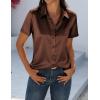 Zeagoo Satin Blouses for Women Silk Button Down Shirts Short Sleeve Business Casual Tops(Brown)