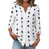 Zeagoo Button Down Shirts for Women 3/4 Sleeve Linen Cotton V Neck Tops Dressy Casual Loose Work Blouses(Geometric White-jh599)