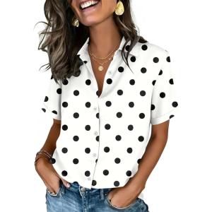 Zeagoo Button Down Shirts for Women Short Sleeve Collared Tops Dressy Casual V Neck Blouses(Jh592- Polka Dots)